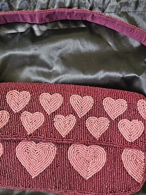 LOFT Beaded Burgundy Purse with Pink Heart Motifs